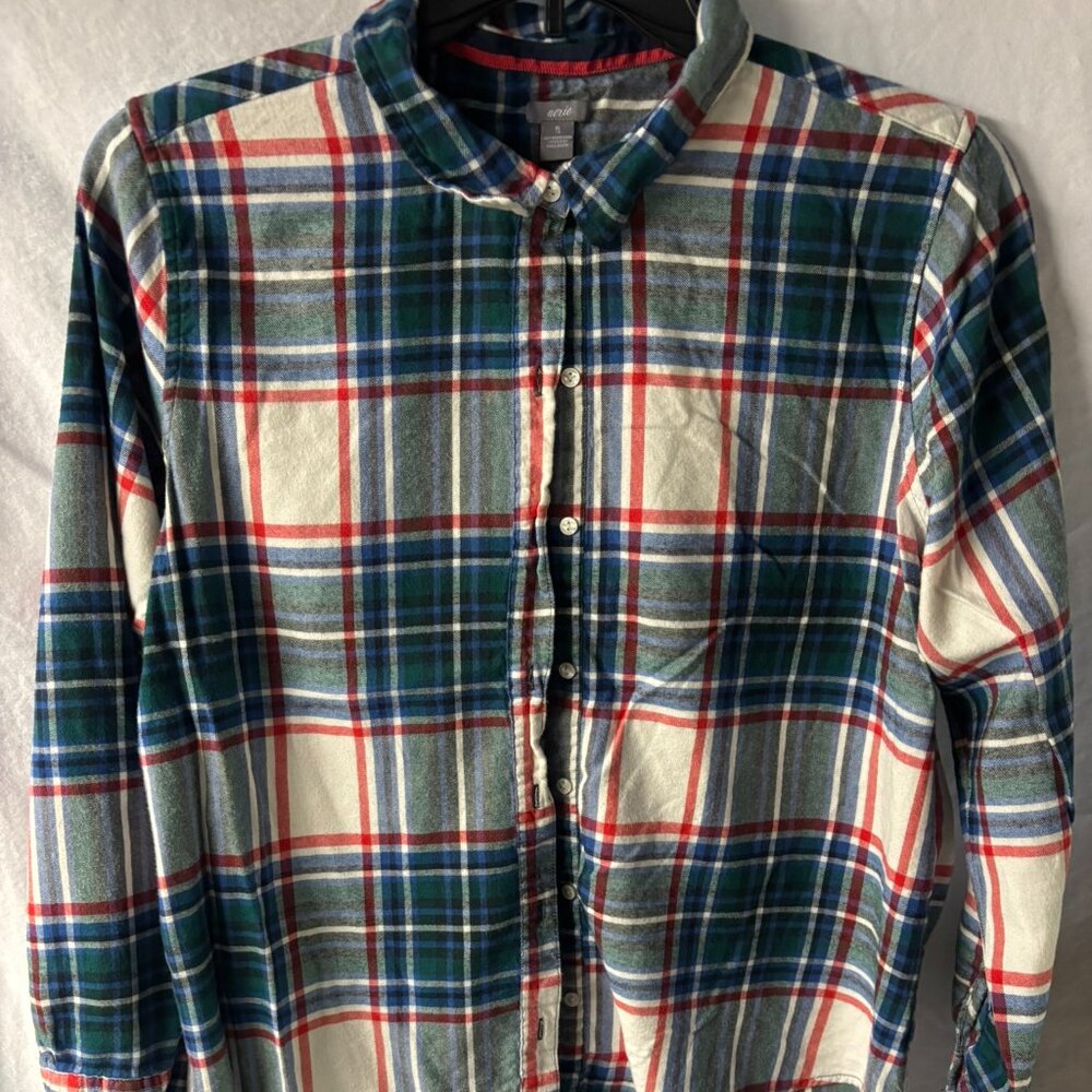 Aerie Flannel Plaid Button Up Shirt Top Blue Red Sz XL Fall Warm Long Sleeve
